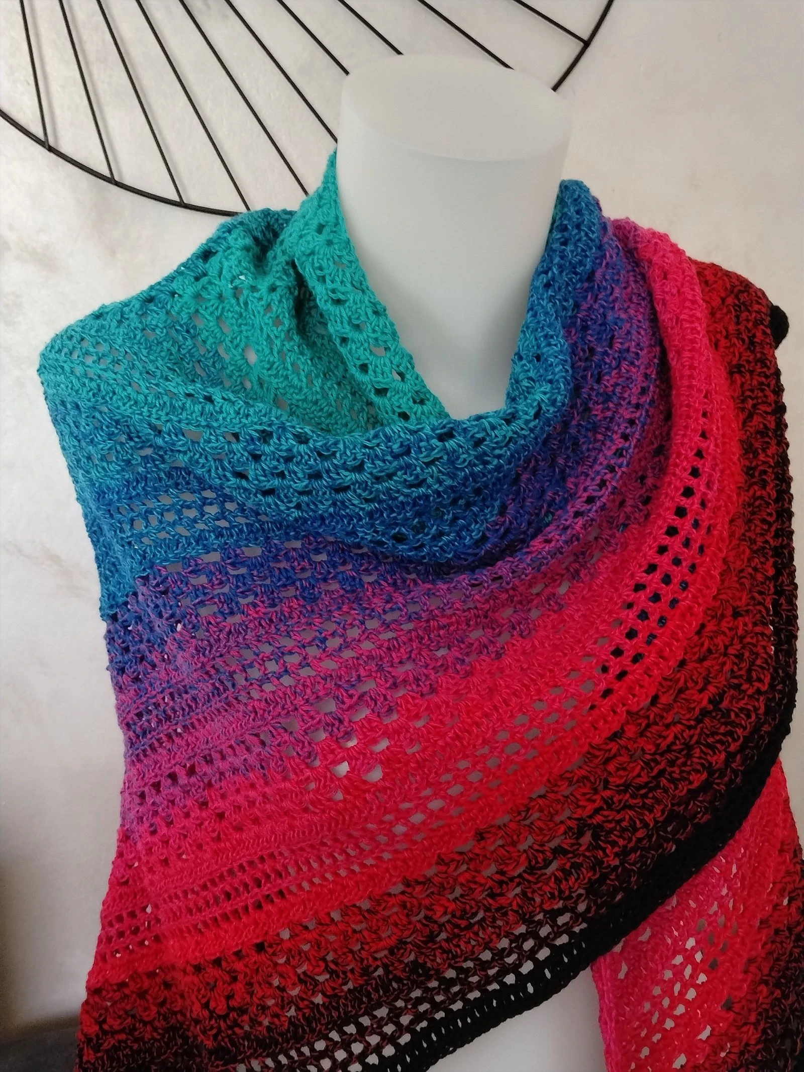 Large Handmade Crochet Shawl - Beautiful Turquoise, Purple, Red & Black Gradient – photo 7